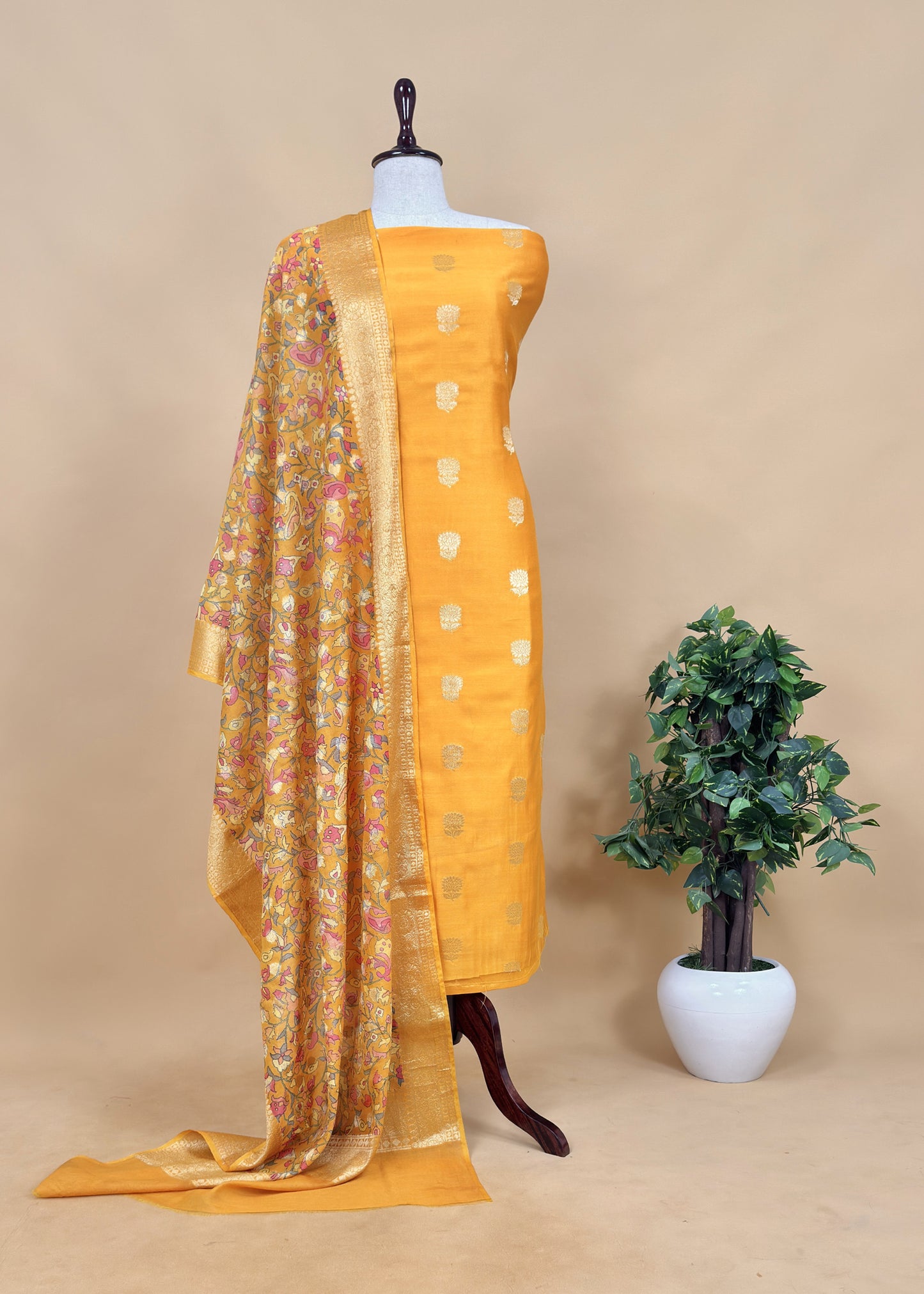 Orange Banarasi Suit With Kalamkari Dupatta