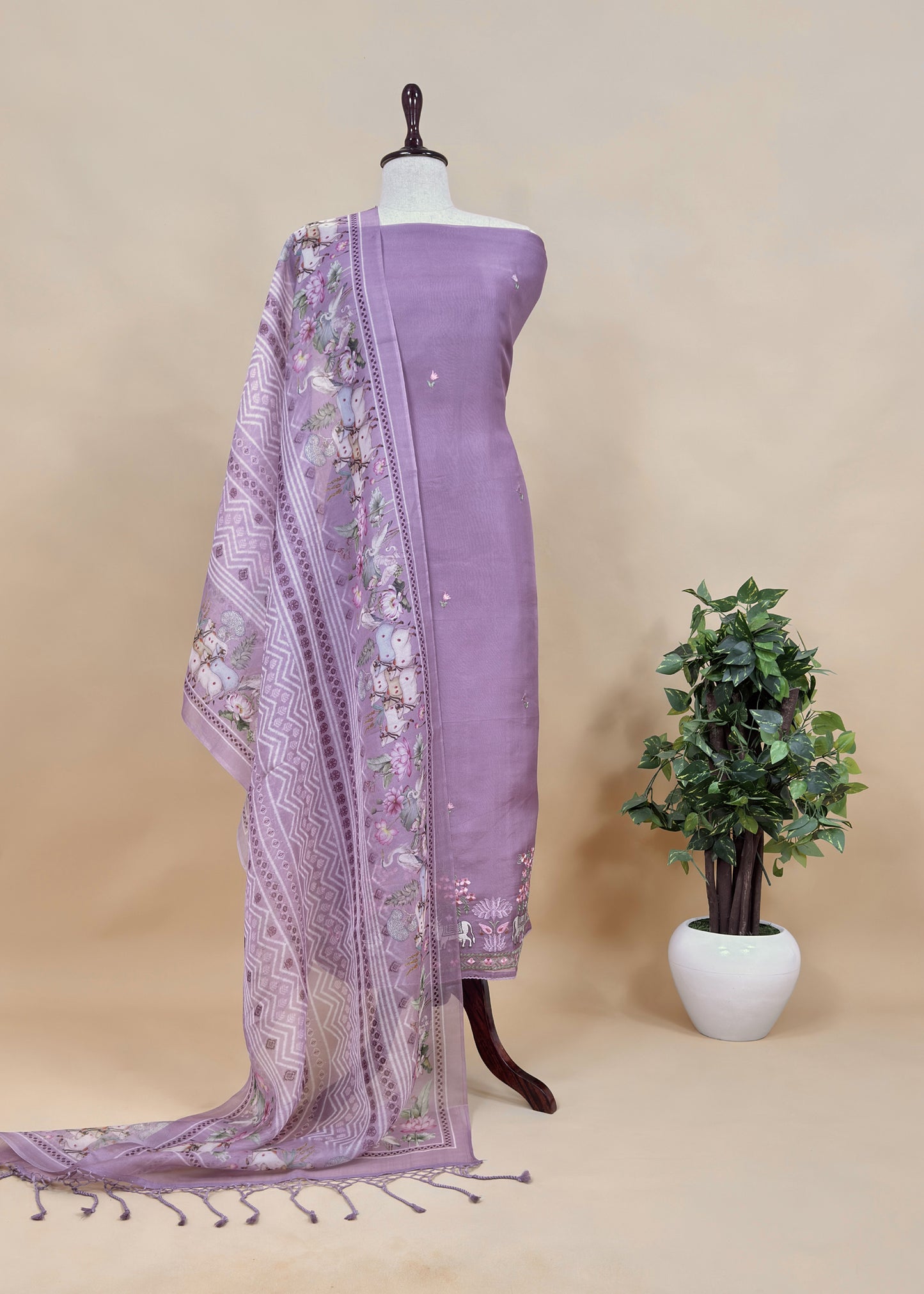 Heather Brown Handloom Kota Silk Suit Fabric with Pichwai Embroidery