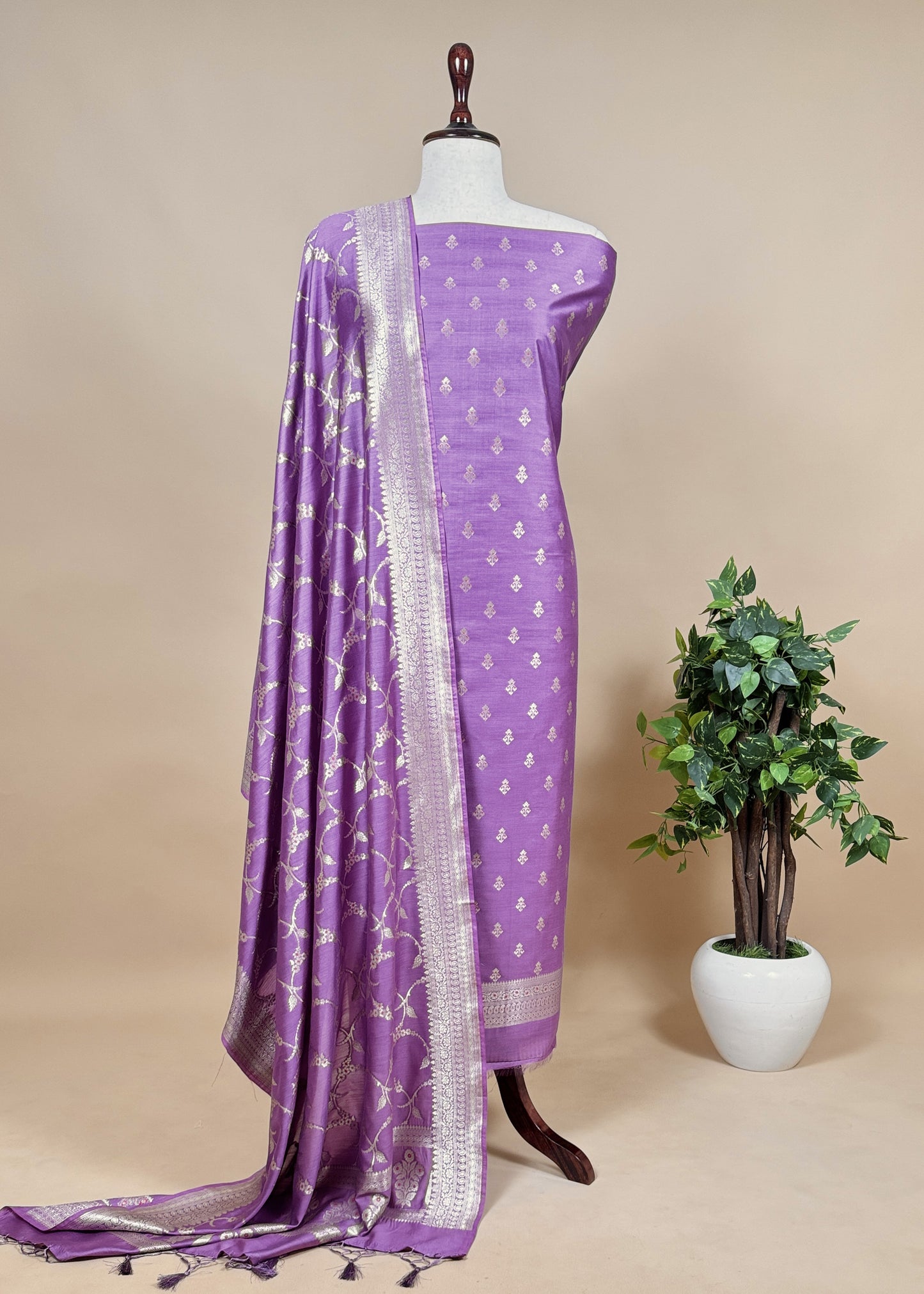 African Violet Banarasi Suit In Mulberry Silk With Jacuard Weaving
