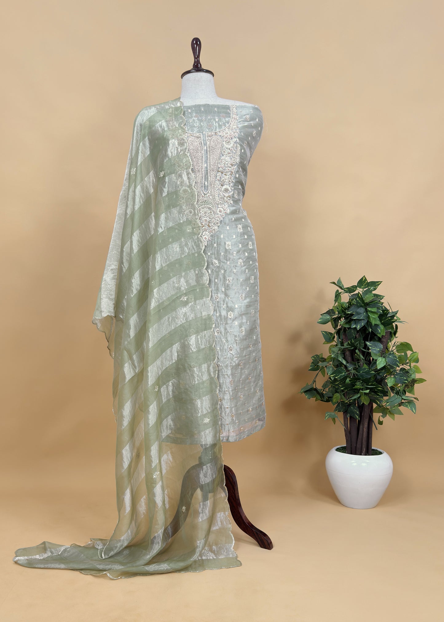 Luxe Violet Silk Suit Fabric And Organza Panel Dupatta With Dabka, Dori And Zardosi Handwork