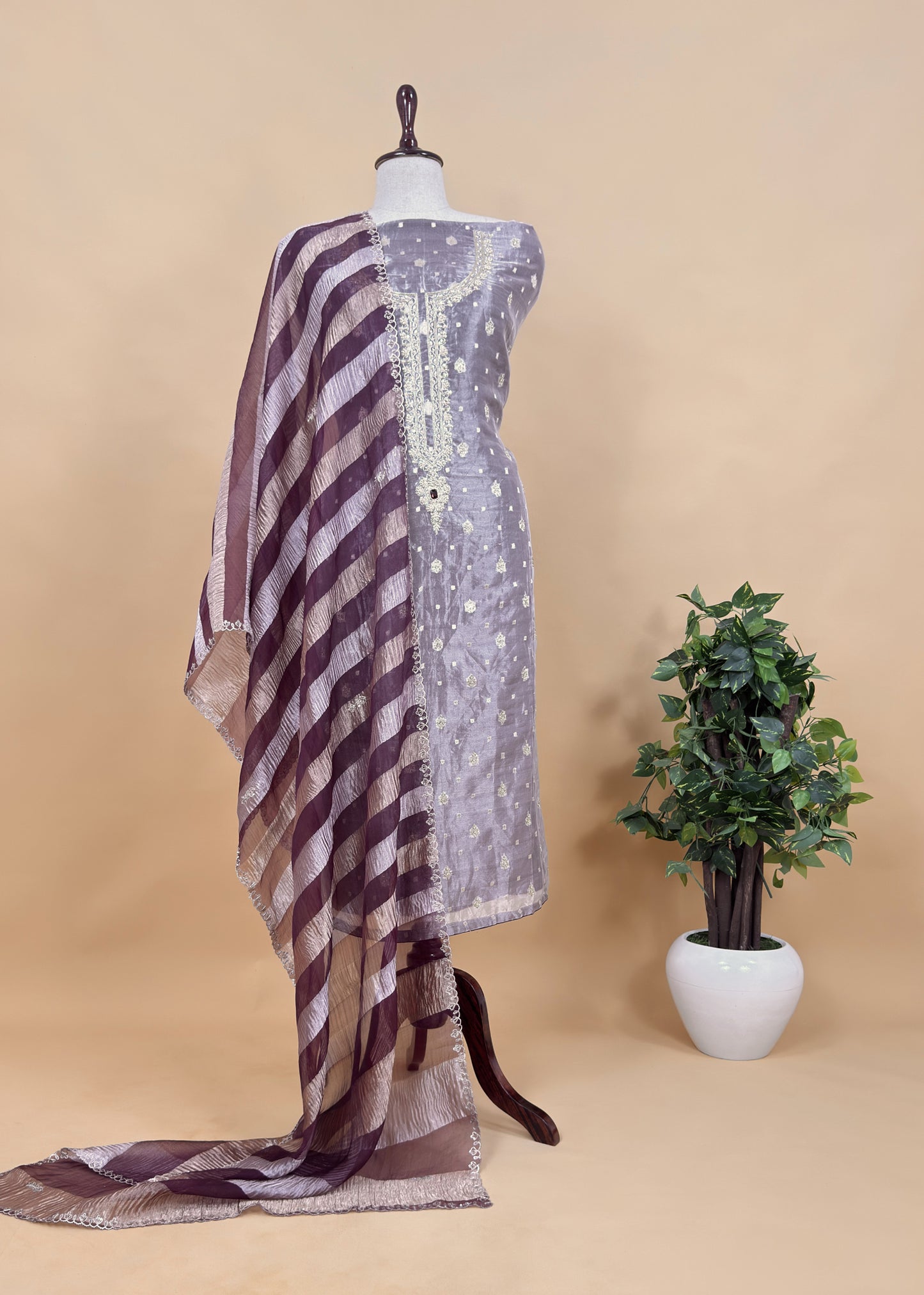 Tissue silk suit in zardosi and dabka handwork