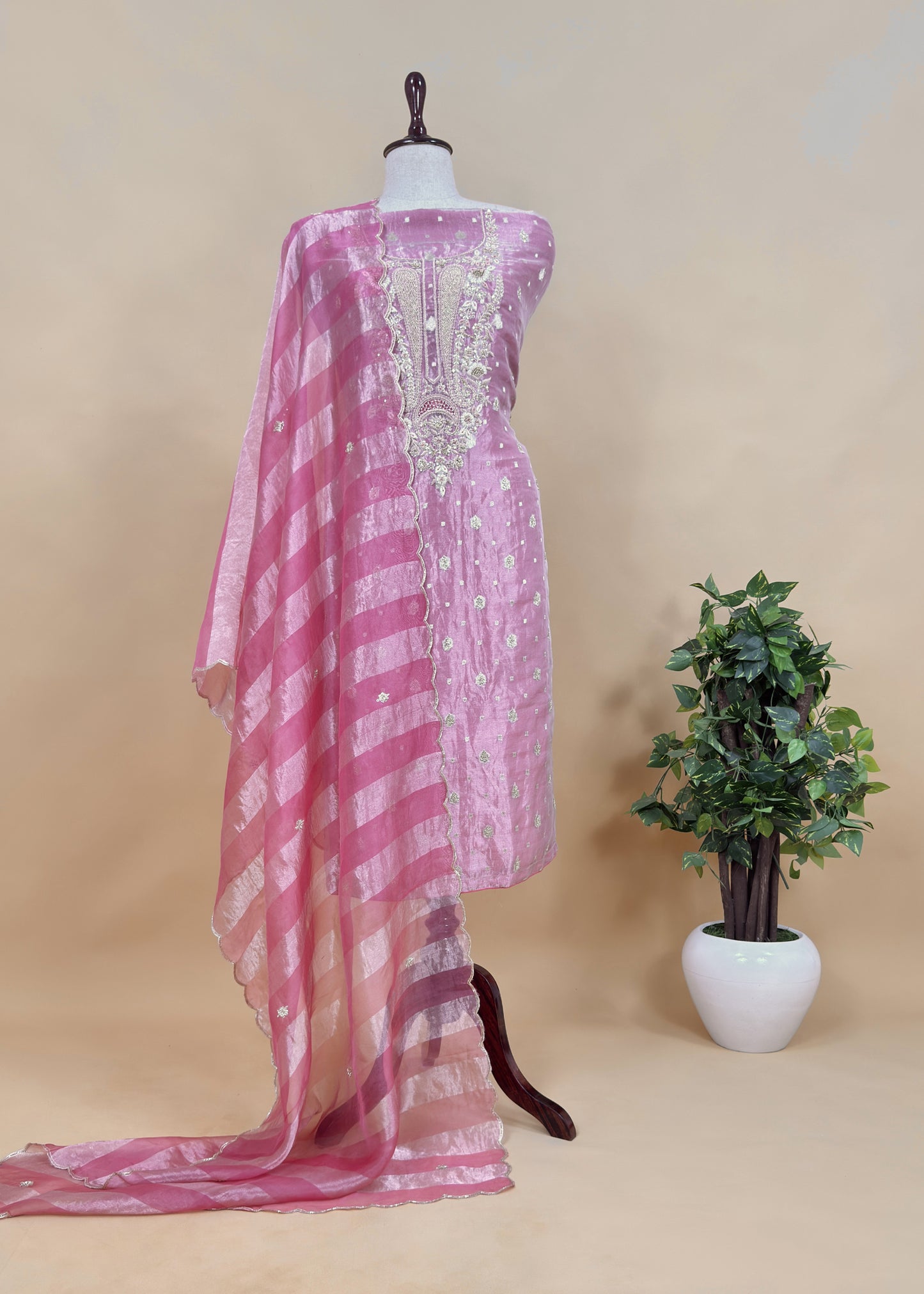 Luxe Violet Silk Suit Fabric And Organza Panel Dupatta With Dabka, Dori And Zardosi Handwork