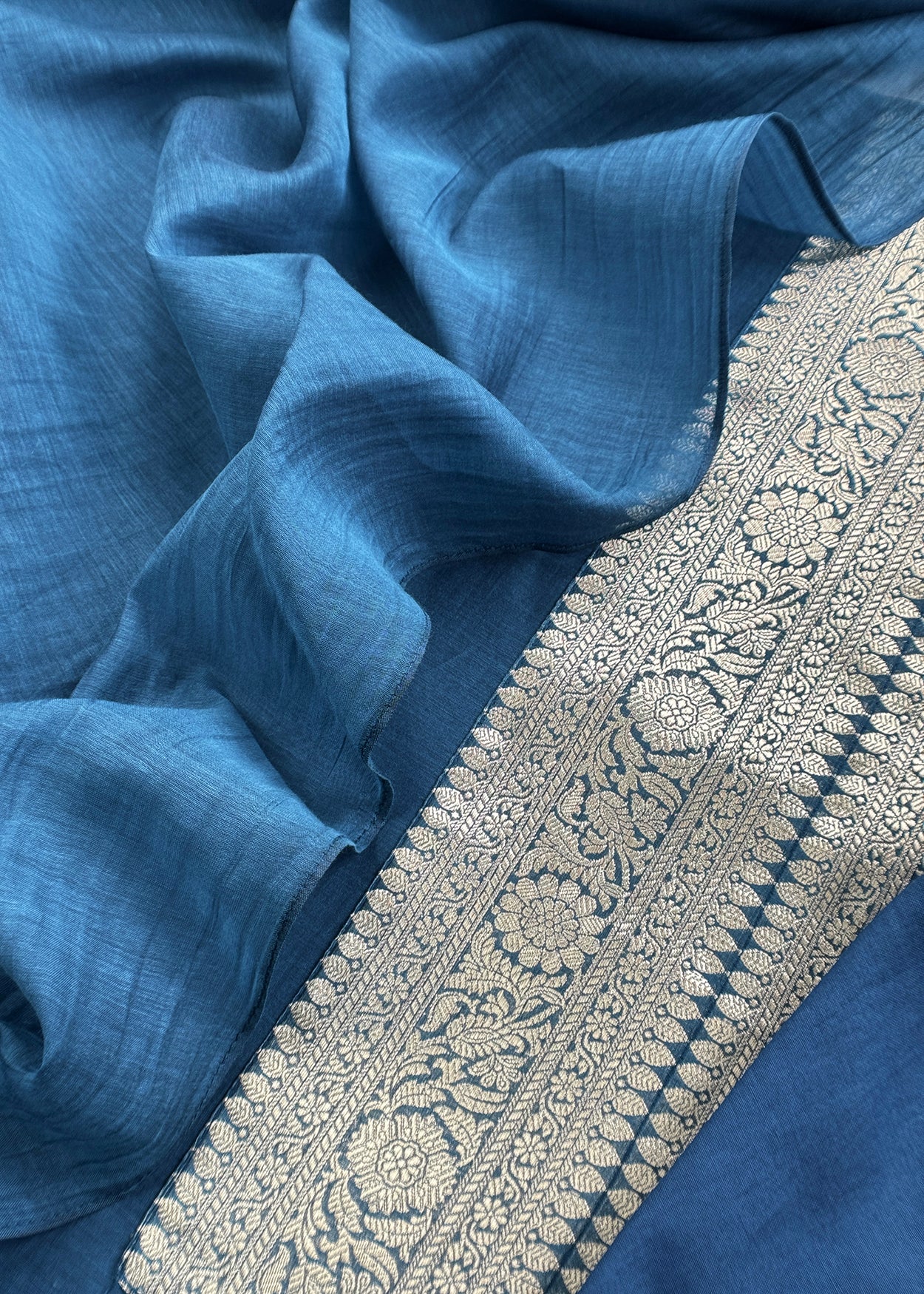 Blue Handloom Varanasi Mulmul Kurta And mulmul Dupatta With Kadwa Weaving