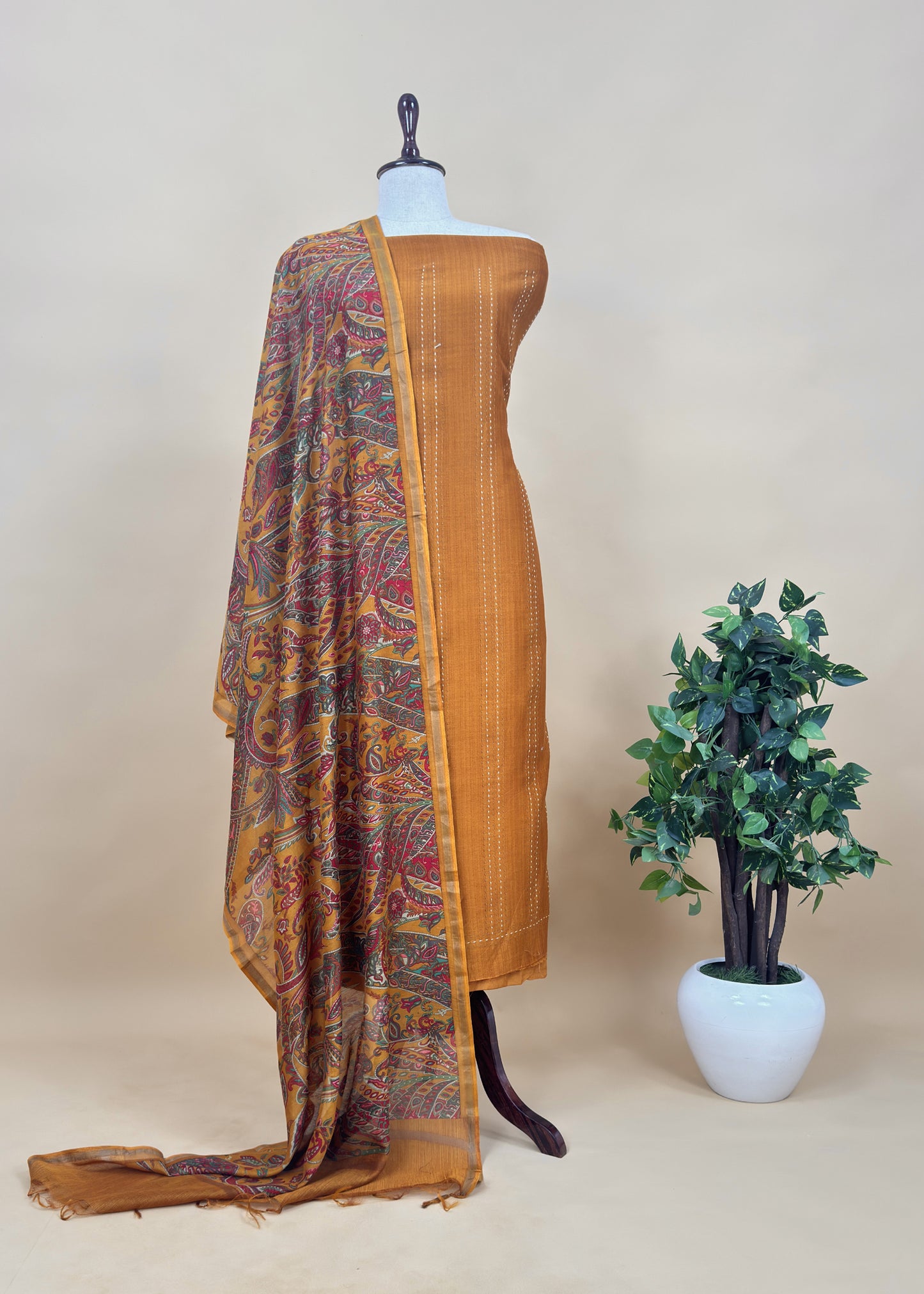 Yellow Maheshwari Silk Suit Fabric With Floral Dupatta And Kantha Stitch Hand Embroidery