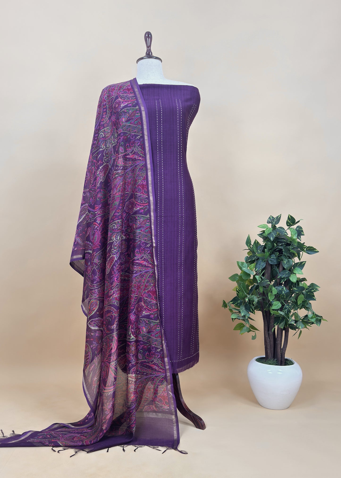 Yellow Maheshwari Silk Suit Fabric With Floral Dupatta And Kantha Stitch Hand Embroidery