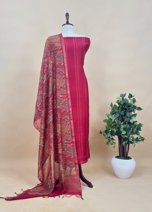 Red Maheshwari Silk Suit Fabric With Floral Dupatta And Kantha Stitch Hand Embroidery