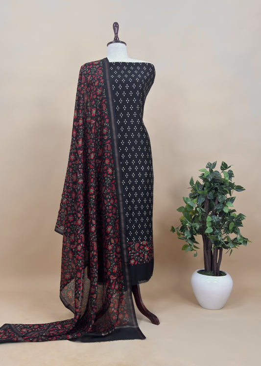 Black Maheshwari Silk Unstitched Suit With Bandhani And Kani Print