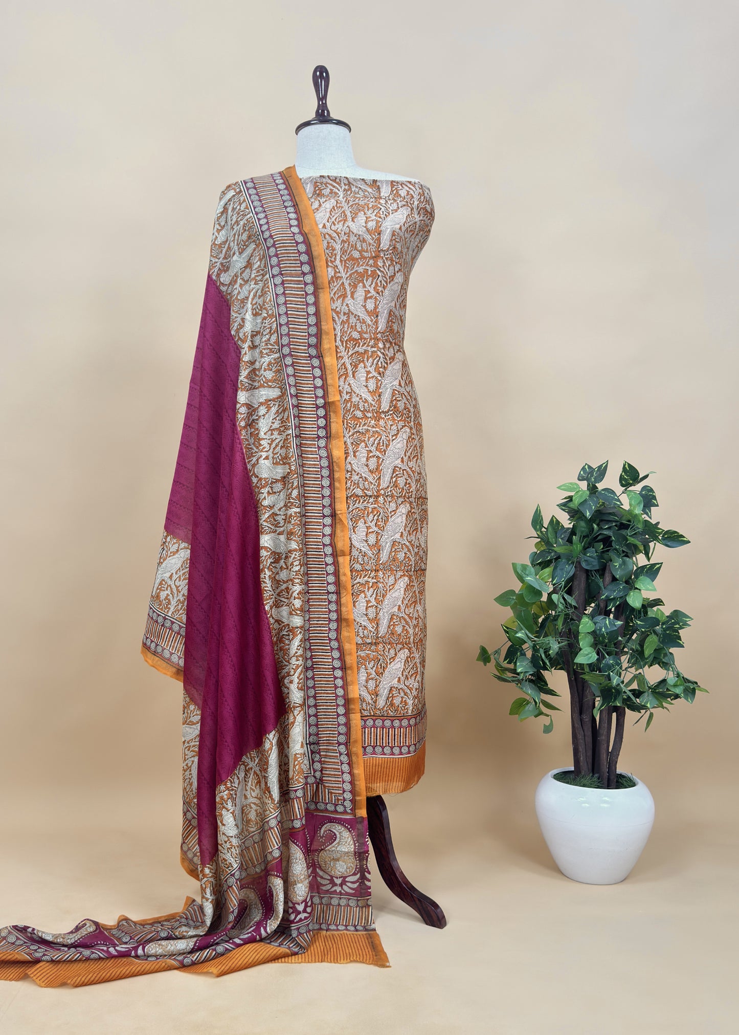 Pink With Brown Handloom Maheshwari Silk Suit With Parrot Print