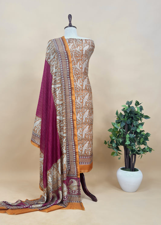 Yellow With Pink Handloom Maheshwari Silk Suit With Parrot Print
