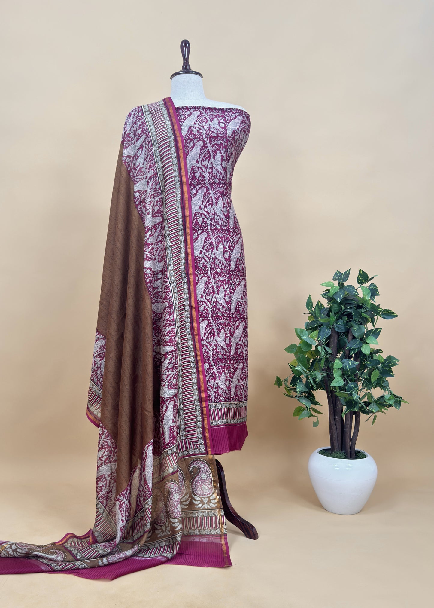 Pink With Brown Handloom Maheshwari Silk Suit With Parrot Print