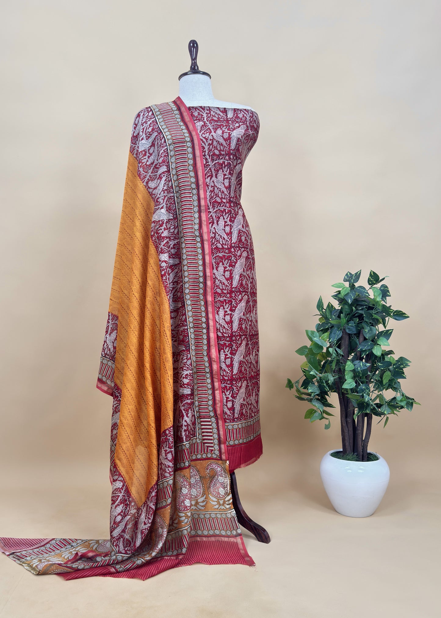 Pink With Brown Handloom Maheshwari Silk Suit With Parrot Print