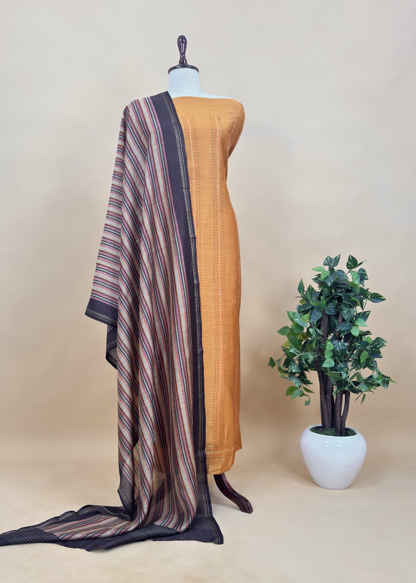 Wine Munga Tussar Suit Fabric With Dupatta And Kantha Stitch Hand Embroidery