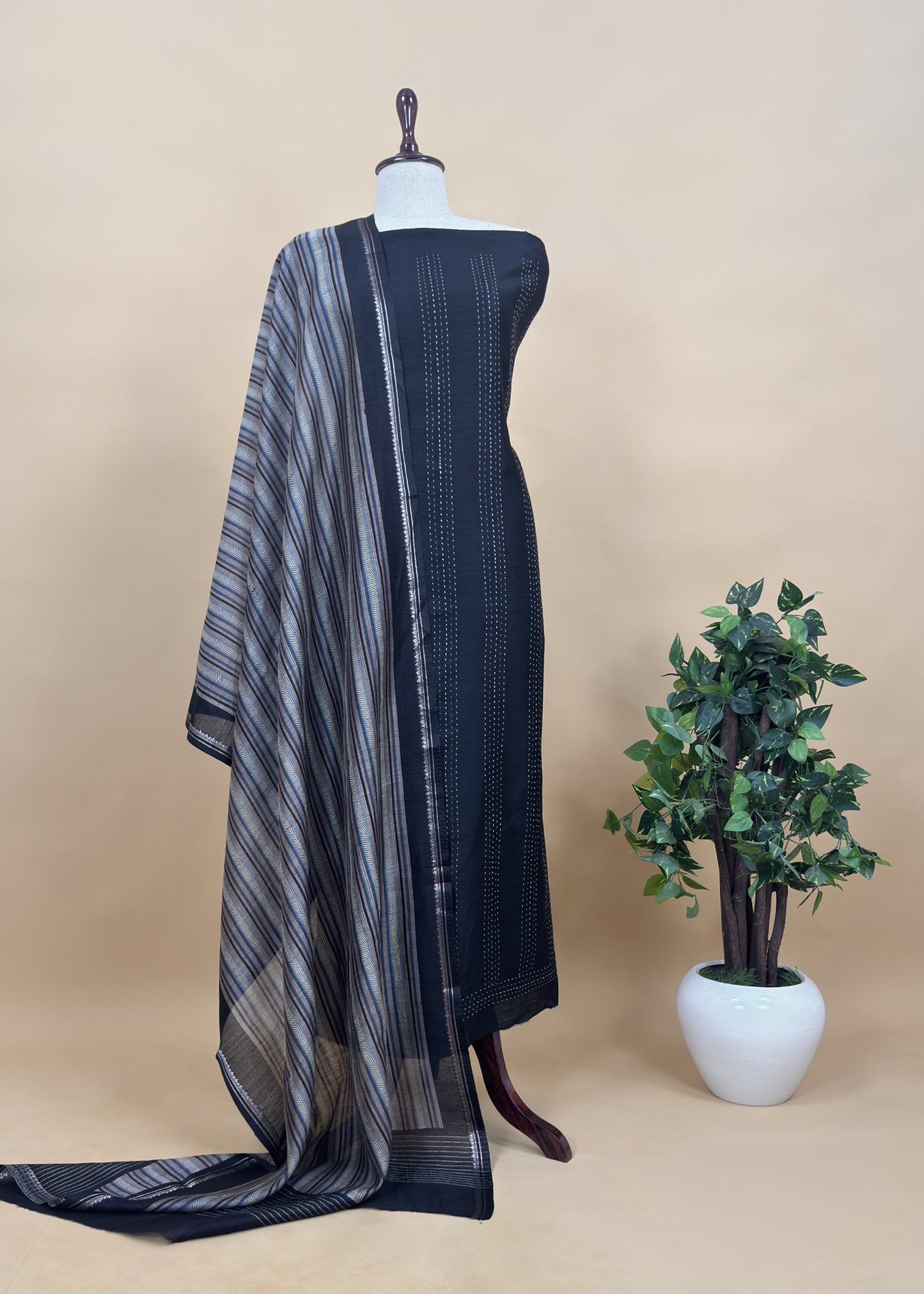Wine Munga Tussar Suit Fabric With Dupatta And Kantha Stitch Hand Embroidery