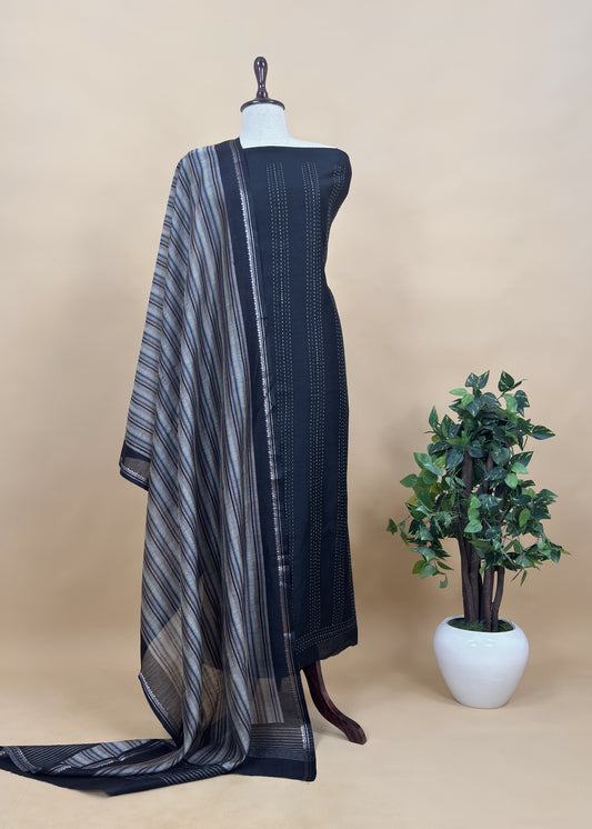 Black Munga Tussar Suit Fabric With Dupatta And Kantha Stitch Hand Embroidery