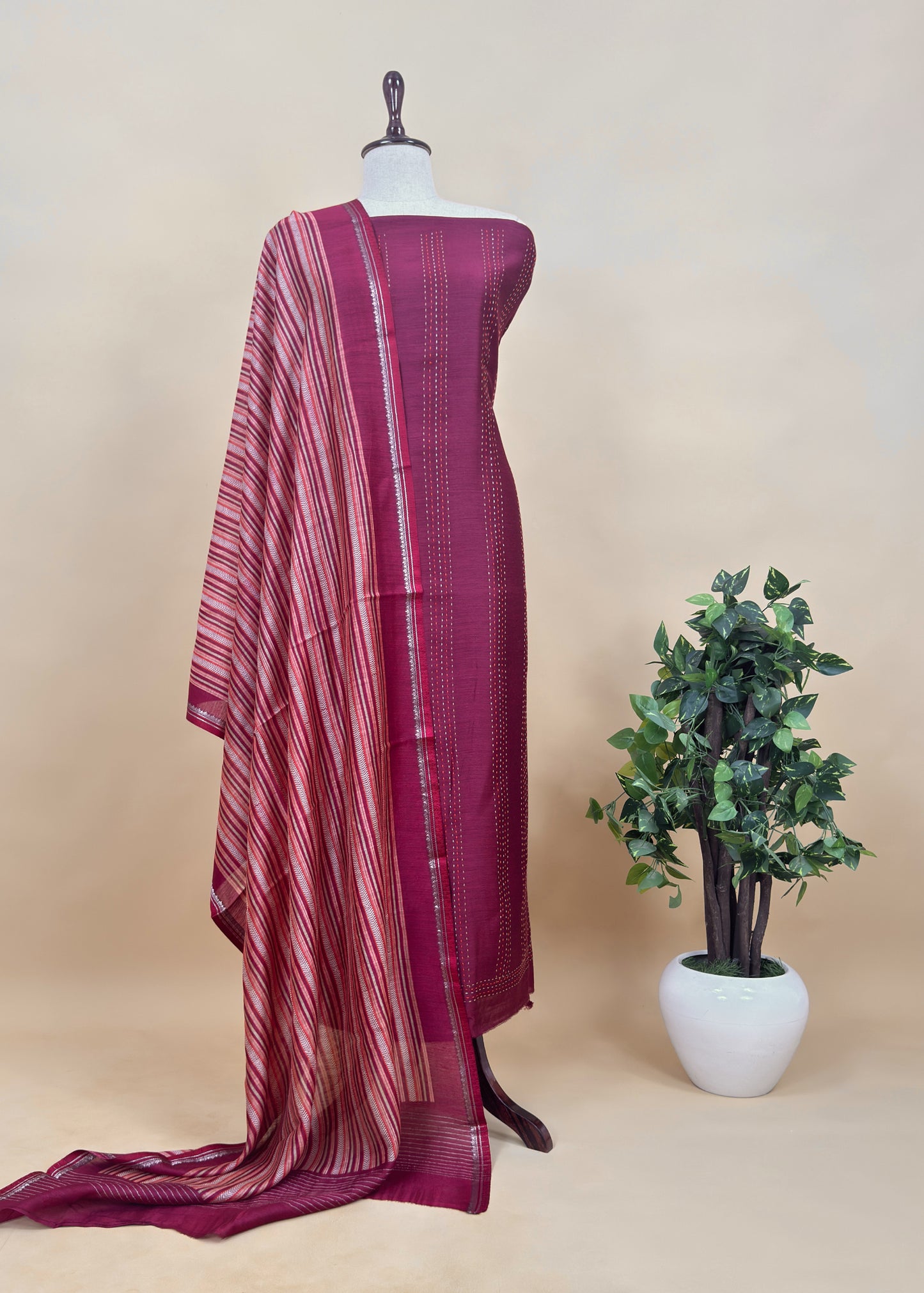 Wine Munga Tussar Suit Fabric With Dupatta And Kantha Stitch Hand Embroidery