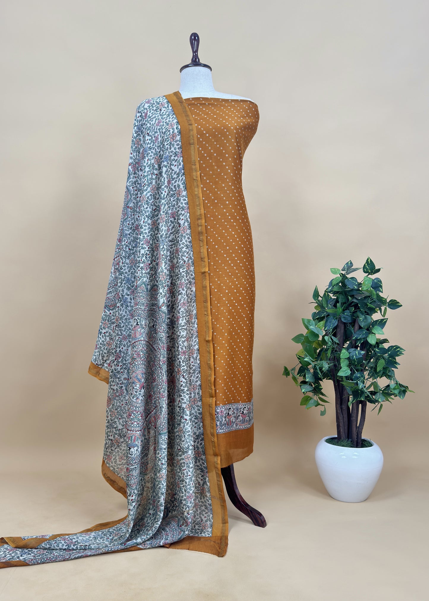Bandhani Suit In Maheshwari With Madhubani Dupatta