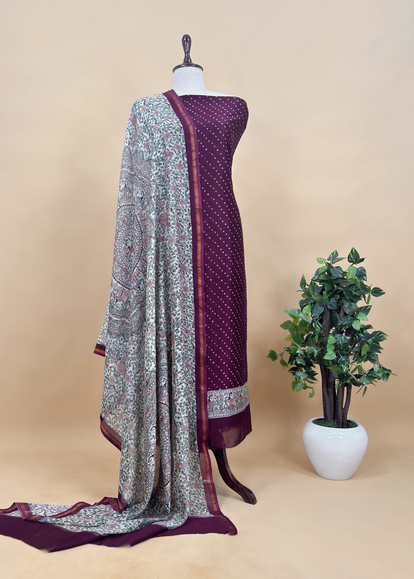 Bandhani Suit In Maheshwari With Madhubani Dupatta