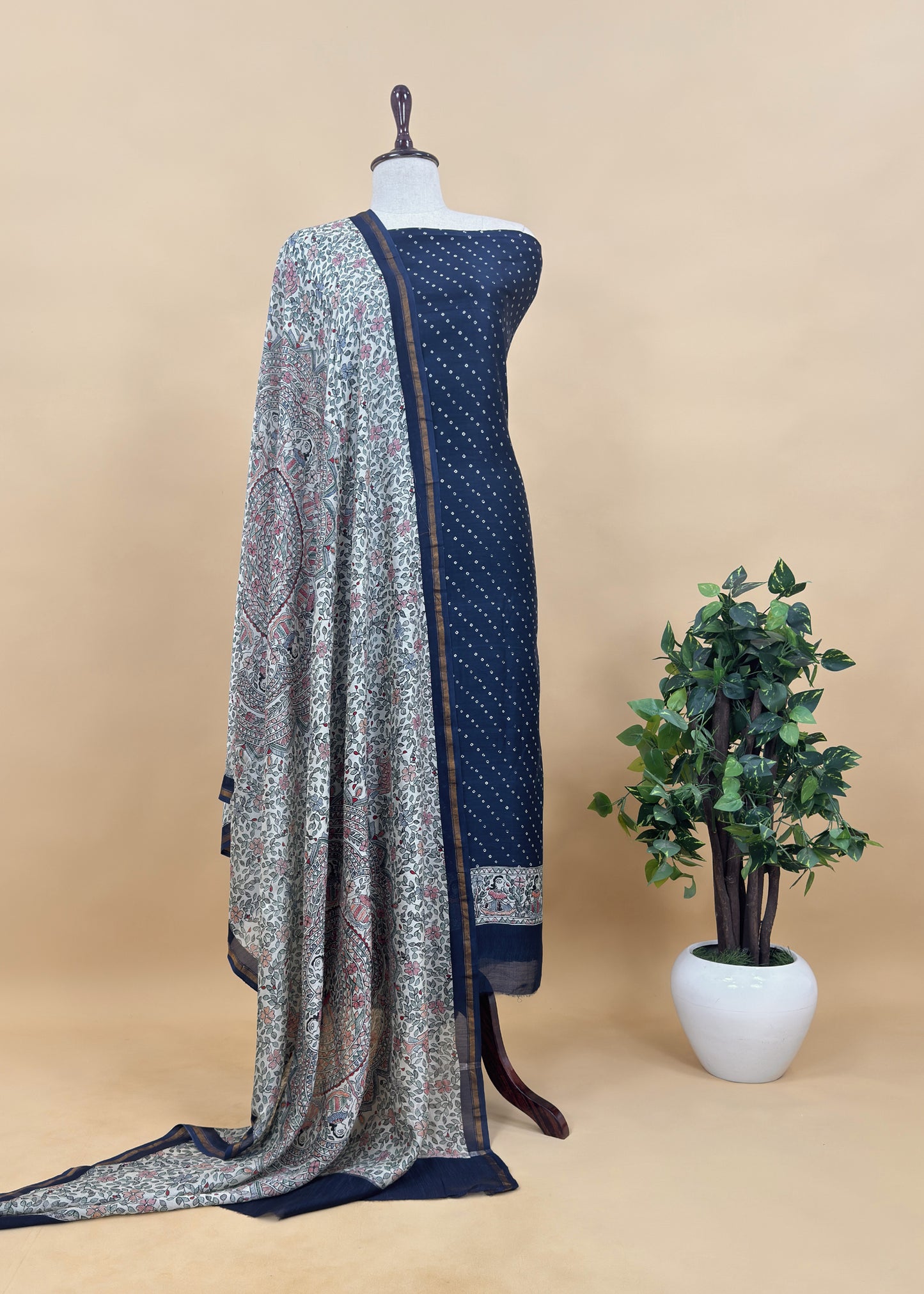 Bandhani Suit In Maheshwari With Madhubani Dupatta