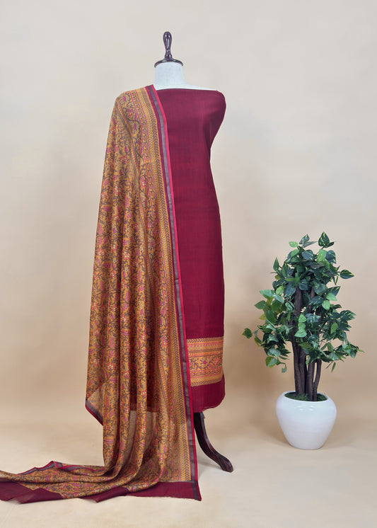 Maroon Pure Maheshwari Unstitched Suits With Kalamkari Dupatta