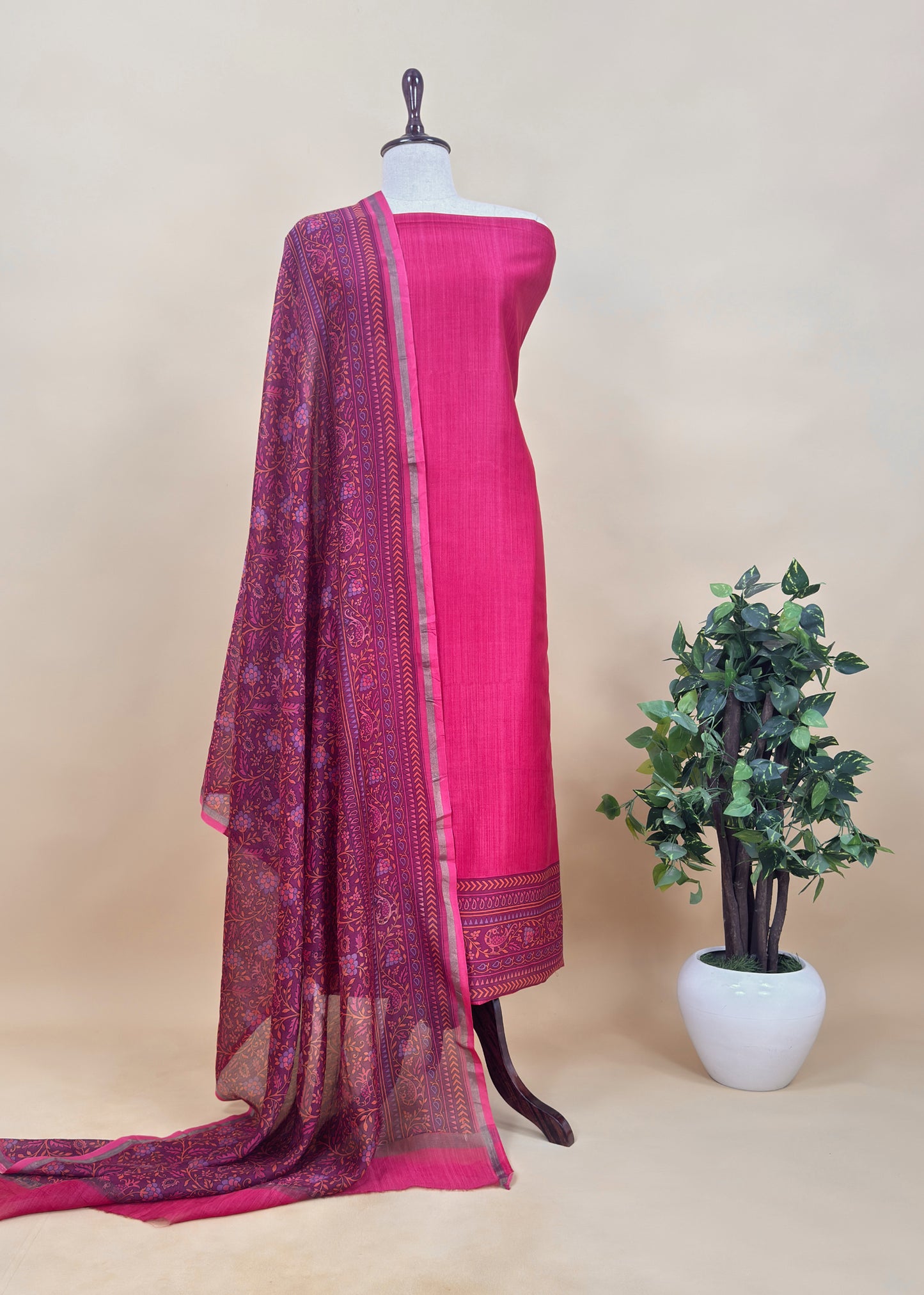 Pink Pure Maheshwari Unstitched Suits With Kalamkari Dupatta
