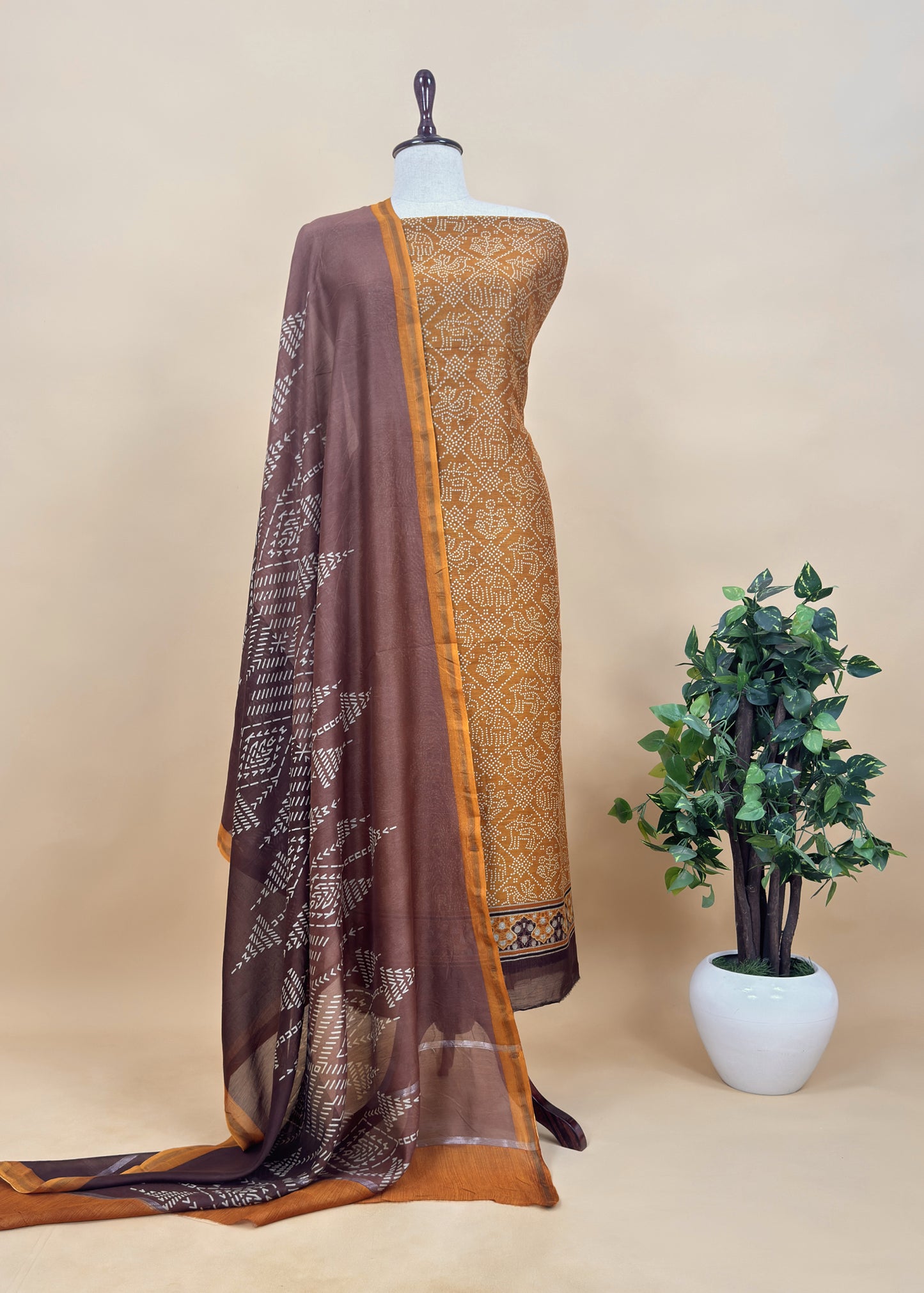 Dark Raspberry Bandhani Maheshwari Silk Suit With Block Print Dupatta