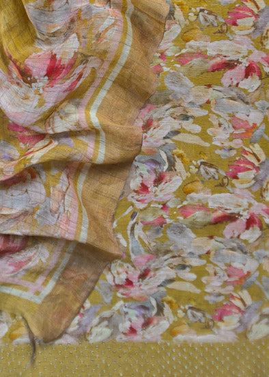 Golden Yellow Handloom Linen Silk Suit With Digital Print
