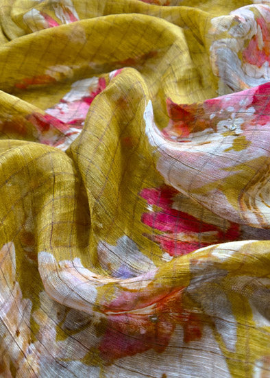 Golden Yellow Handloom Linen Silk Suit With Digital Print