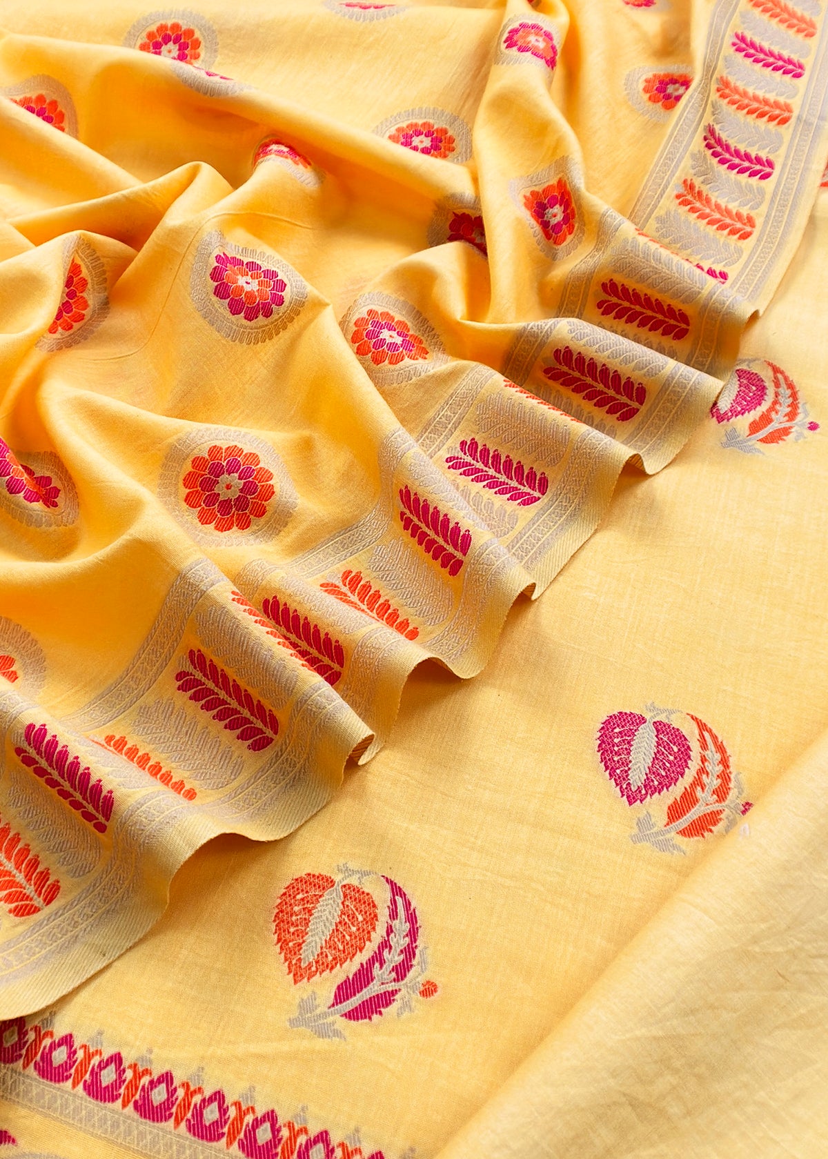 Yellow Handloom Banarasi Cotton Unstitched Suit Fabric With Meena Cutwork Weaving