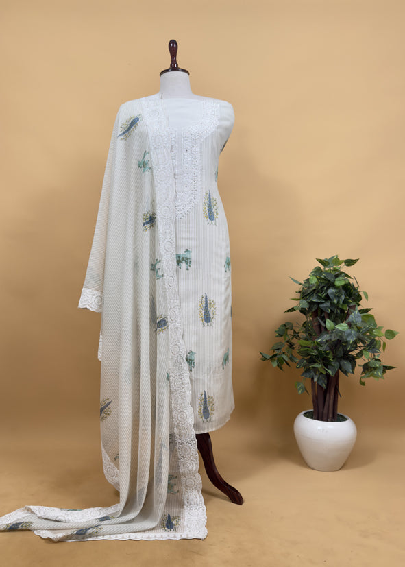 White With Pink Pure Mul Handblock Print Suit With Chikan Embroidery