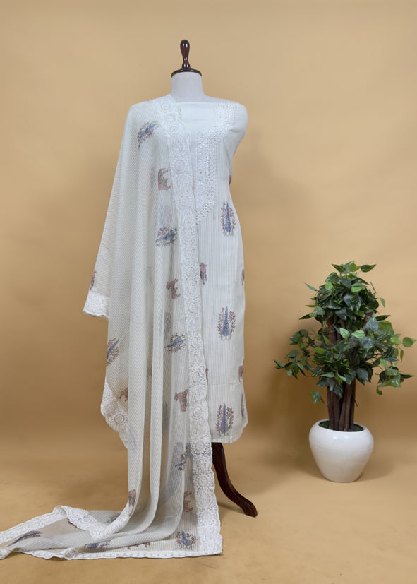 White With Pink Pure Mul Handblock Print Suit With Chikan Embroidery