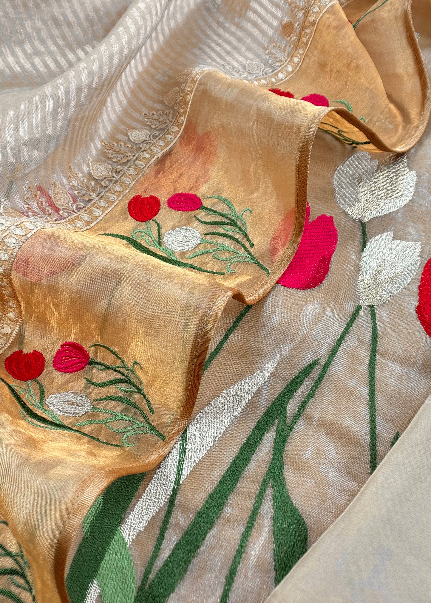 Light Yellow Handloom Tissue Silk Suit Fabric With Embroidery