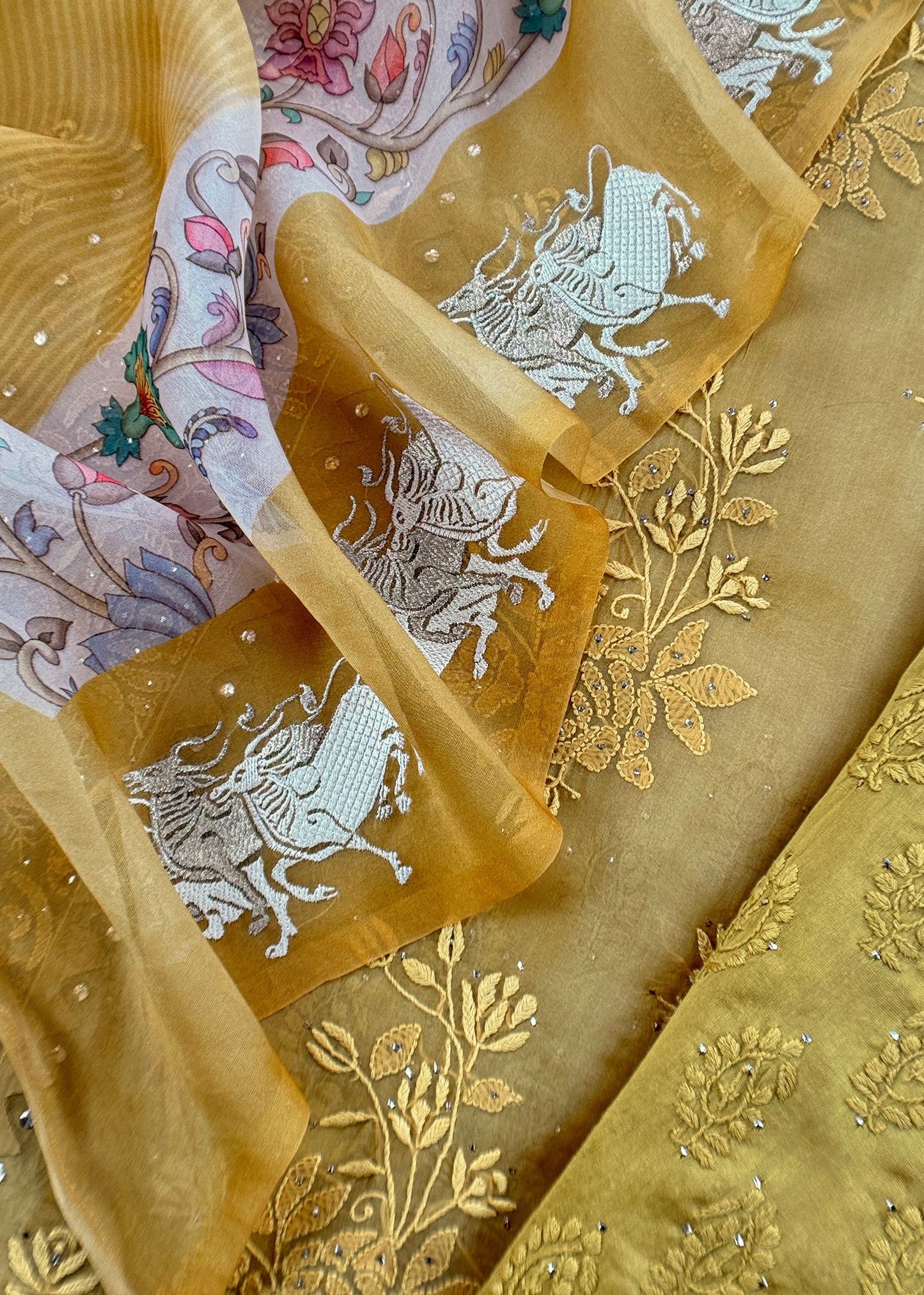 Naaz Yellow Green Pure Organza Hand Embroidered Lakhnavi Kurta And Kora Silk Dupatta With Resham Embroidery