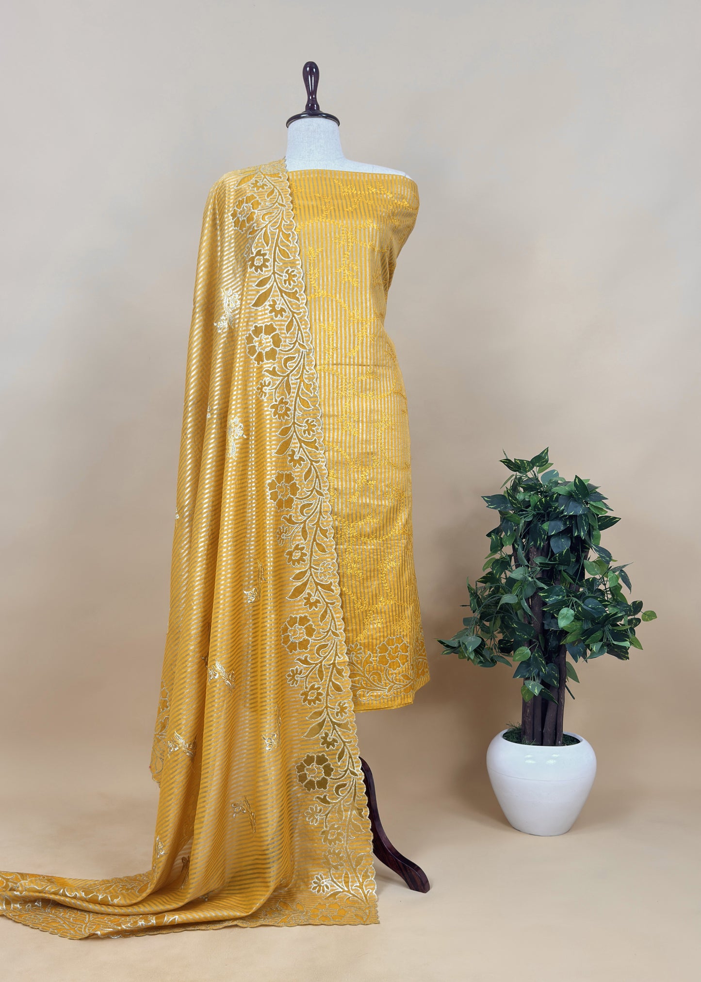 Red Gold Striped Tissue Silk Suit Fabric With Cutwork And Resham Embroidery