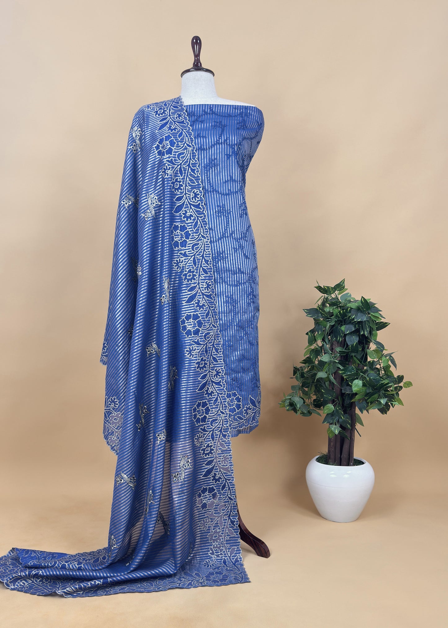 Red Gold Striped Tissue Silk Suit Fabric With Cutwork And Resham Embroidery