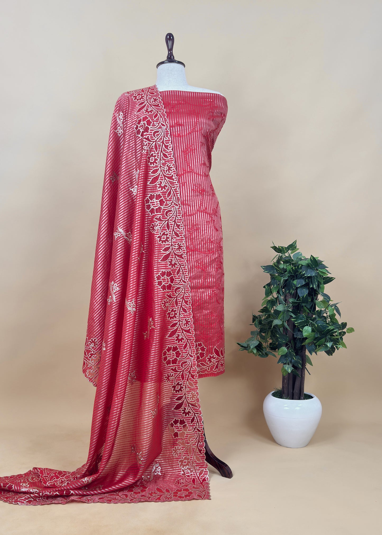 Red Gold Striped Tissue Silk Suit Fabric With Cutwork And Resham Embroidery