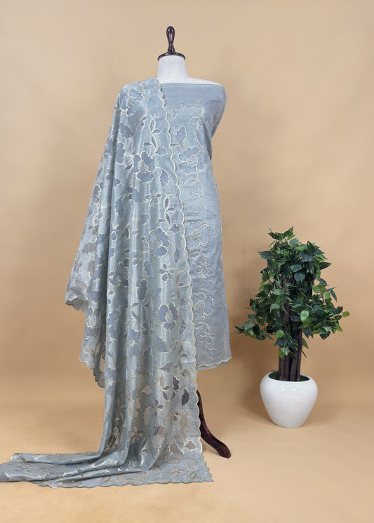 Grey Cutwork Tissue Silk Suit With Dupatta