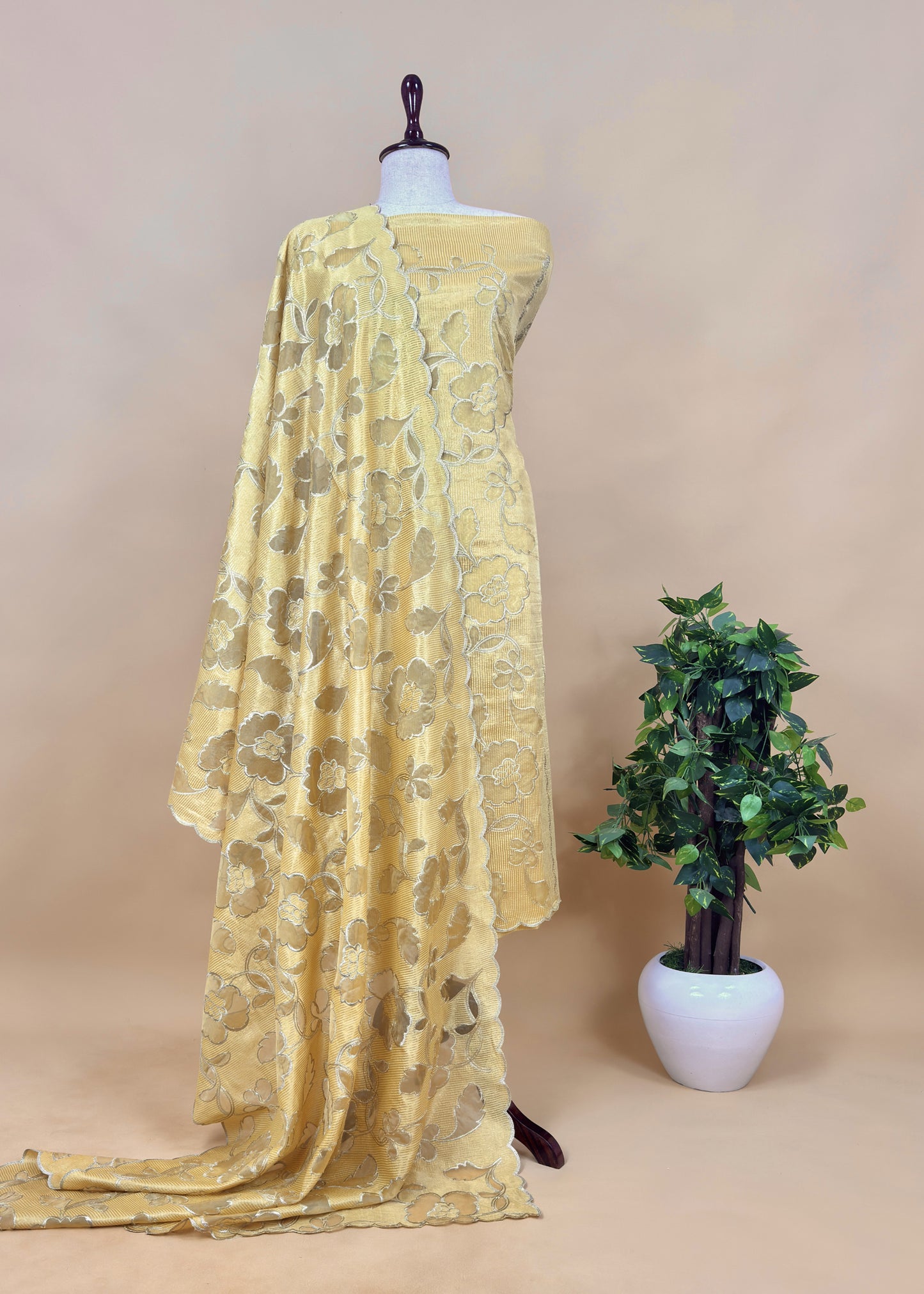 Grey Cutwork Tissue Silk Suit With Dupatta