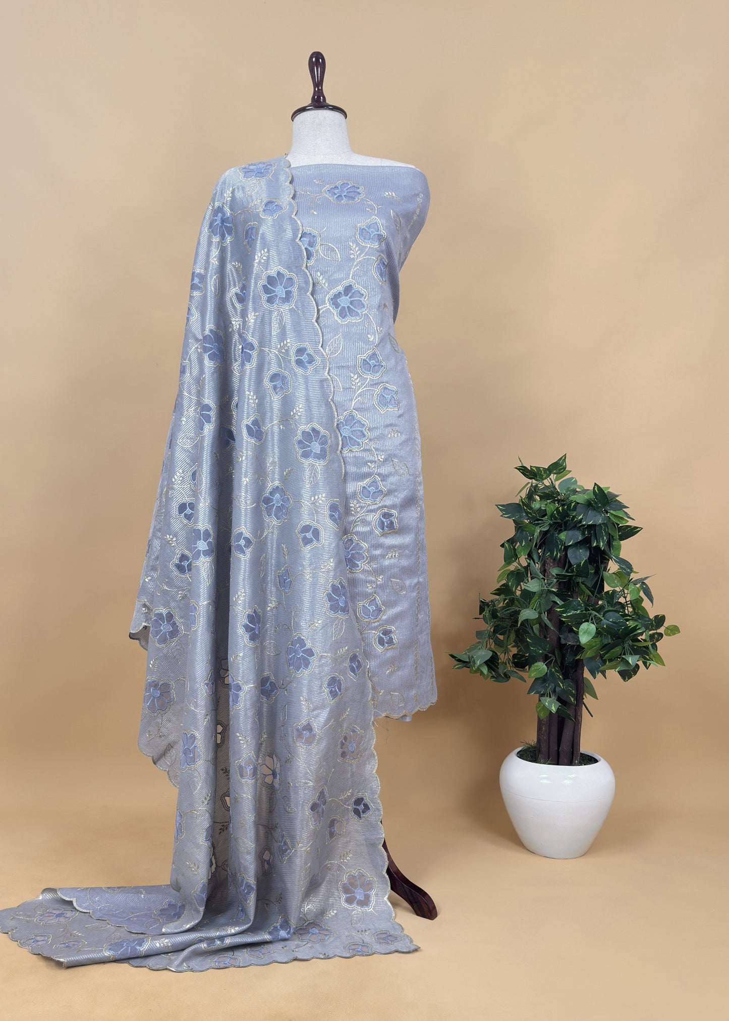 Light Purple Cutwork Tissue Silk Suit With Dupatta