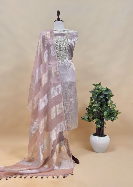Light Pink Varanasi Brocade Silk Kurta and Double panel Tissue Dupatta With Handwork