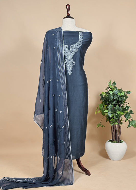 Oxford Blue Handloom Chanderi Unstitched Dupatta-Suit With Aari Embroidery
