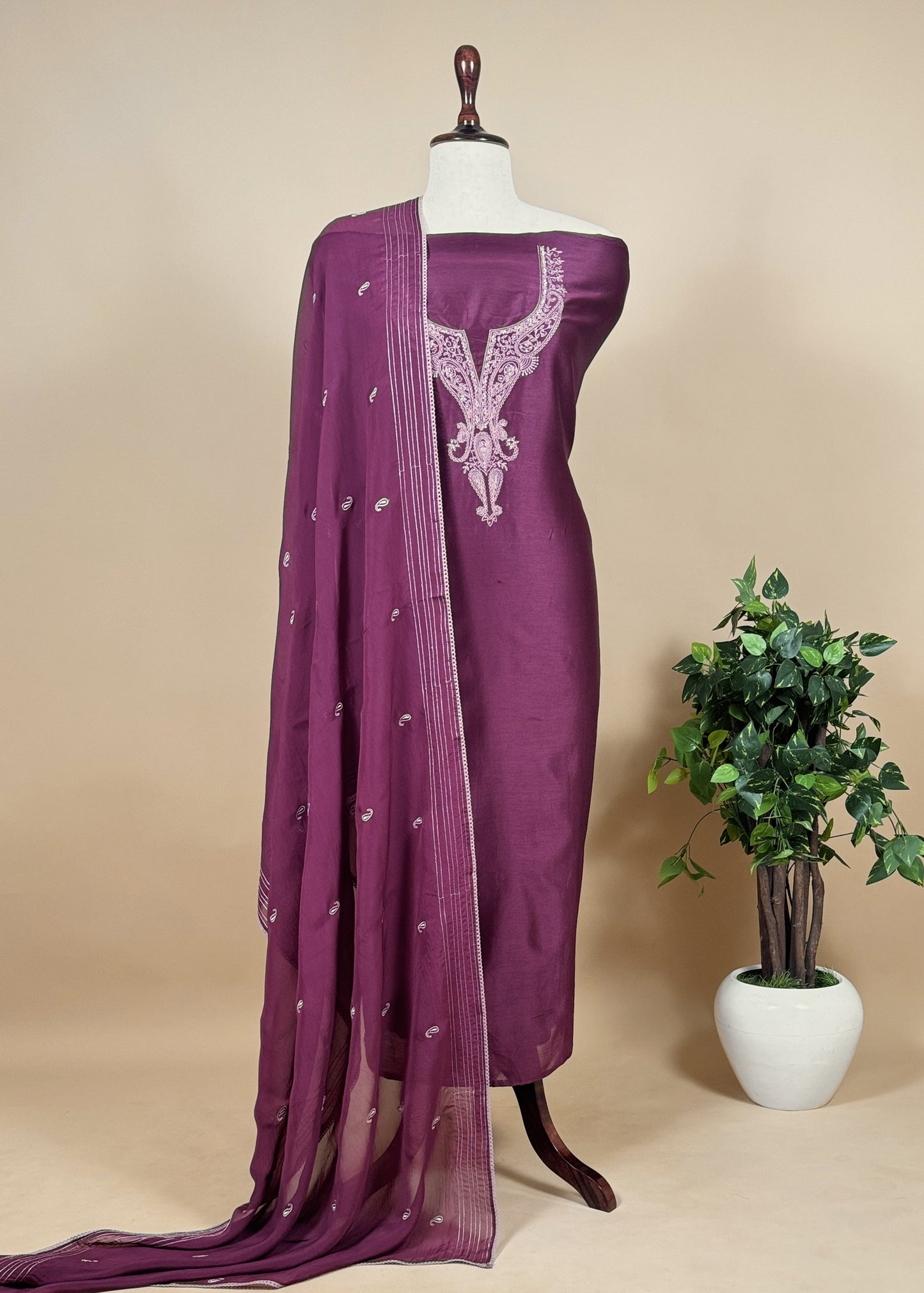 Walnut Brown Handloom Chanderi Unstitched Dupatta-suit with Aari Embroidery