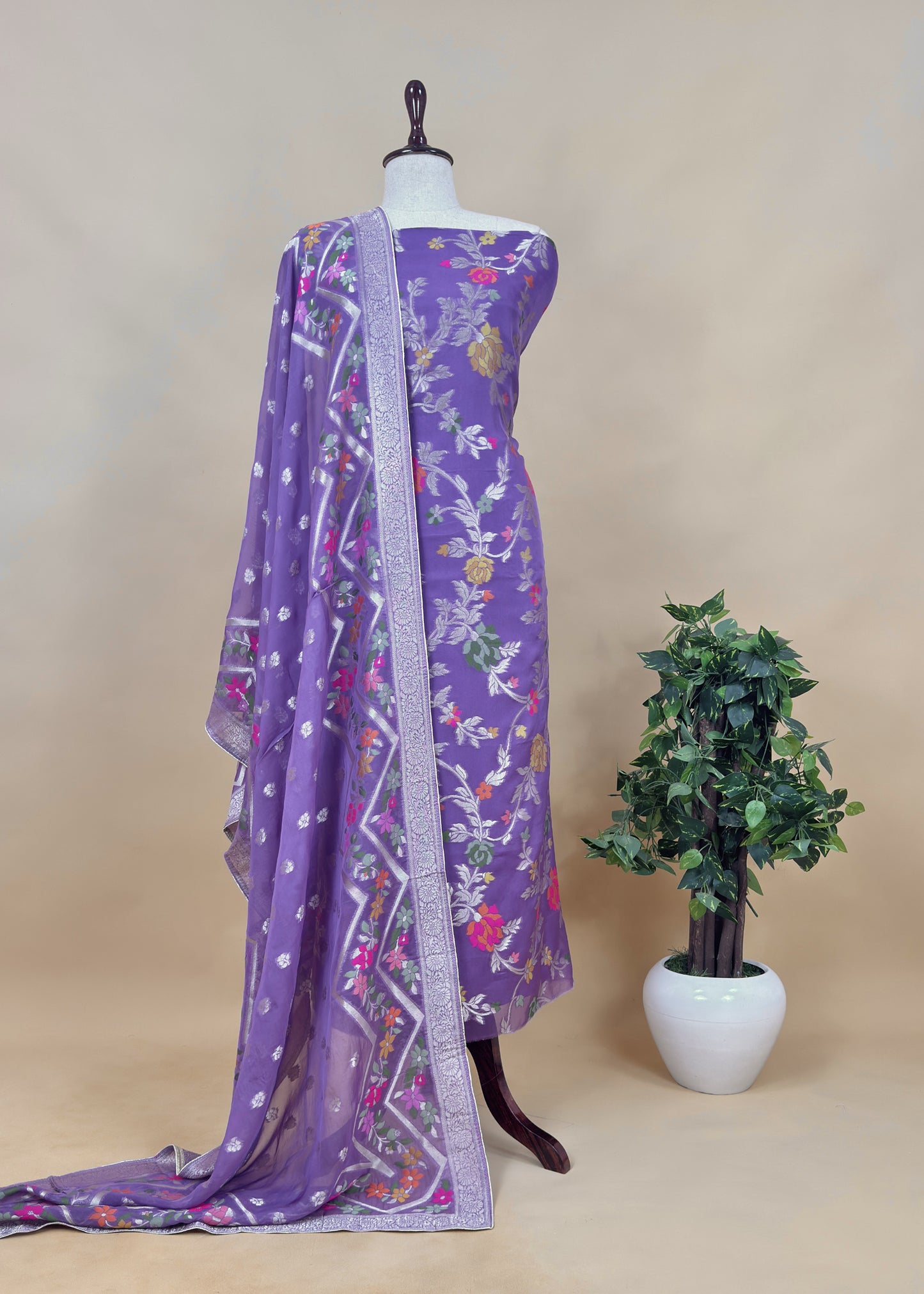 Red Organza Silk Suit Fabric With Multicolour Resham Zari Weaving