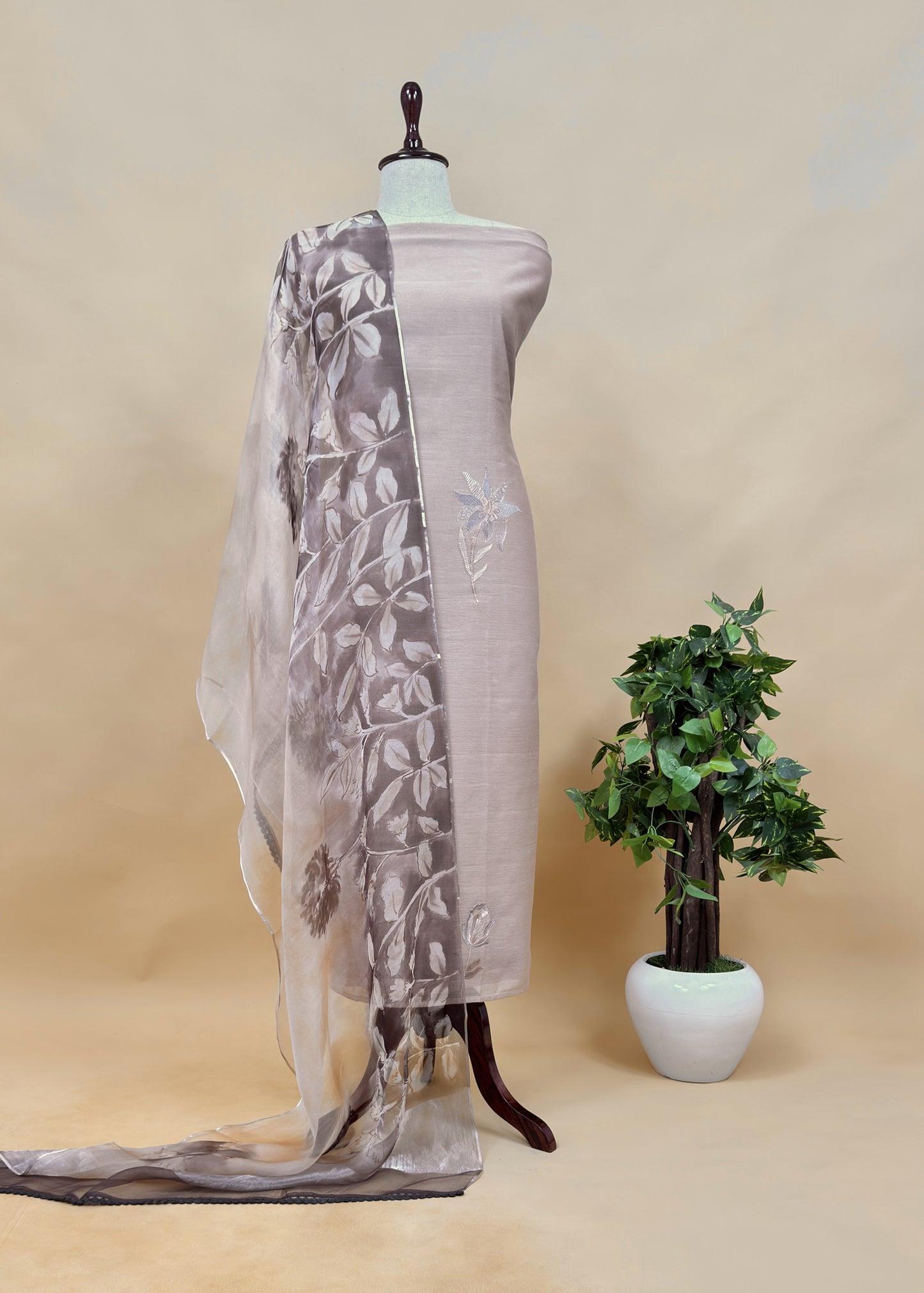 Green Pure Mulmul Suit With Organza Dupatta