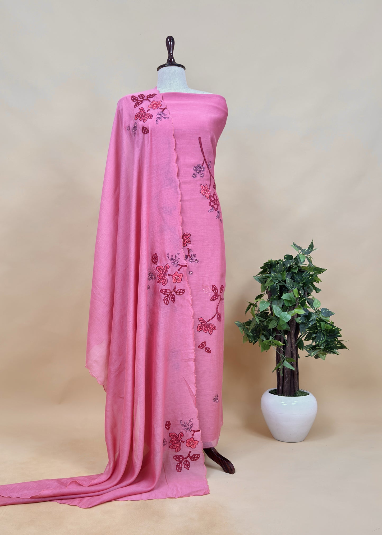 Salmon Pink Handloom Finest Mulmul Suit Fabric with Appliqué work