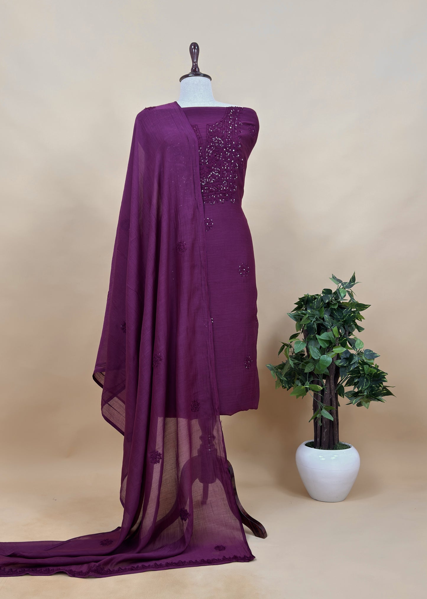 Rust Chikankari Mul Cotton Suit With Dupatta