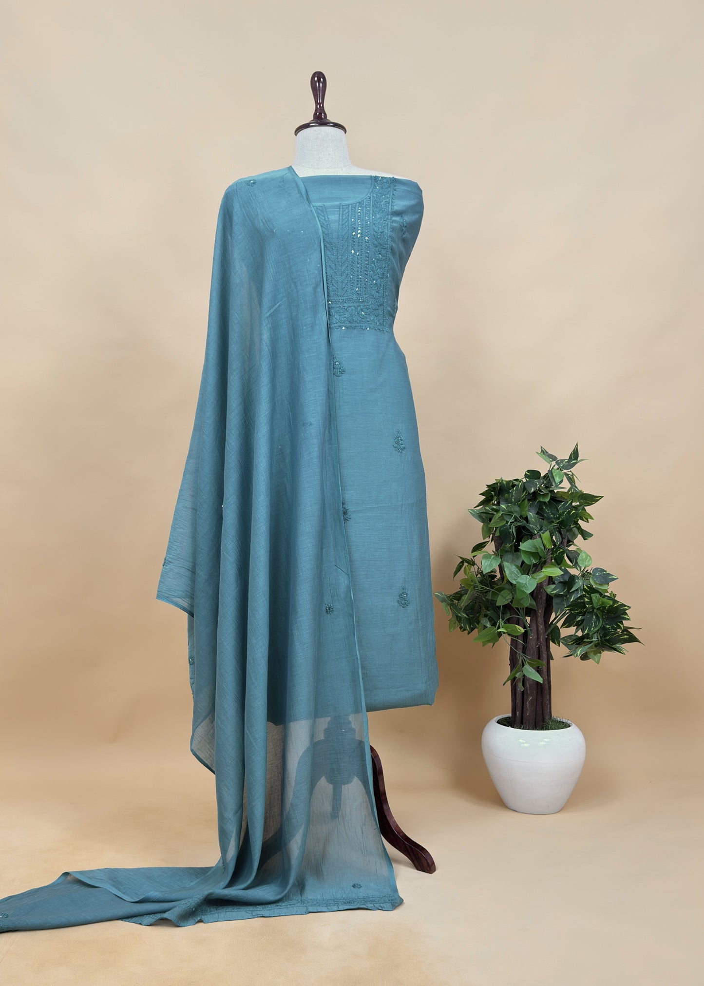 Rust Chikankari Mul Cotton Suit With Dupatta