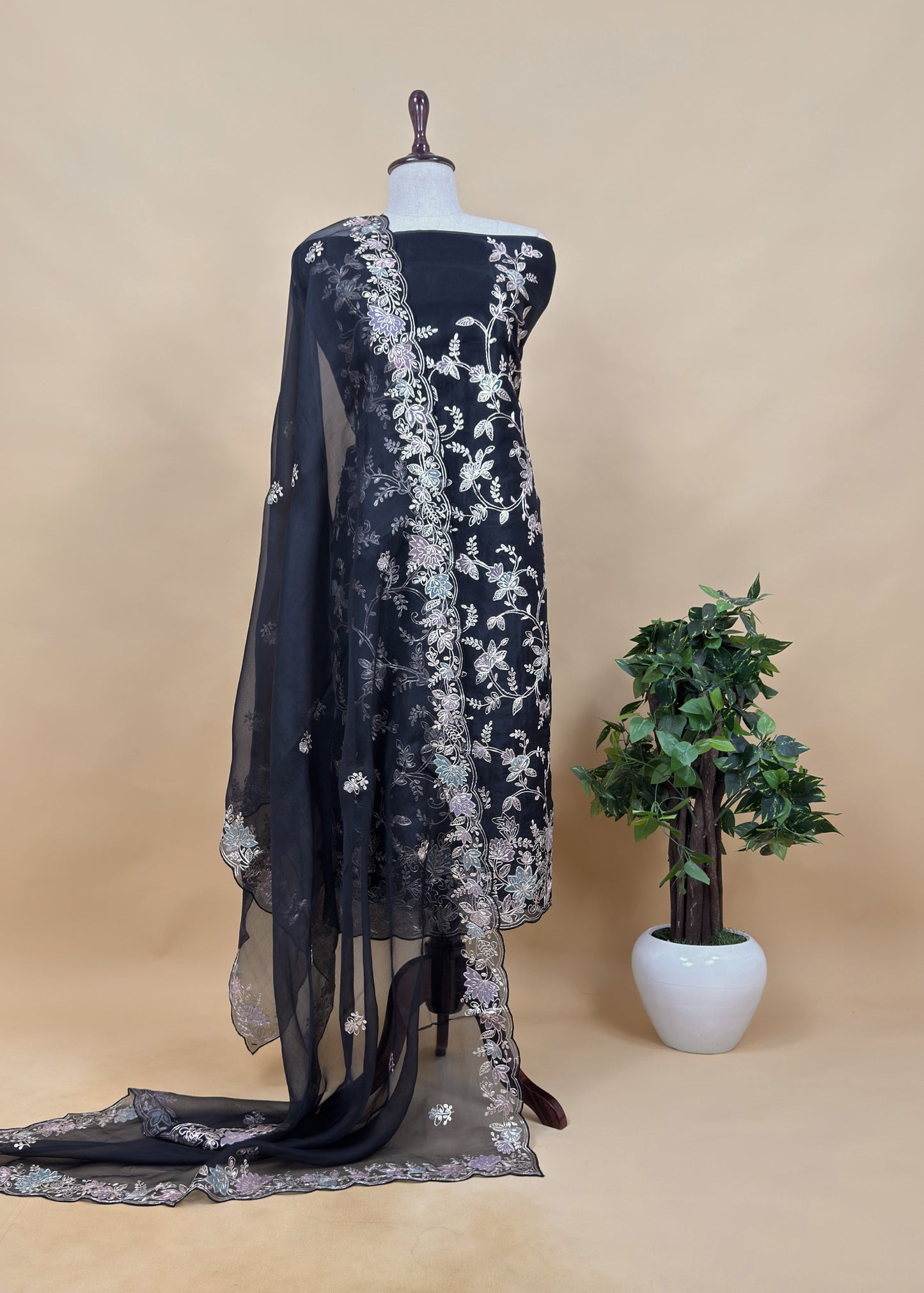 Cherry Red Handloom Organza Suit Set With Floral Appliqué And Pitta Handwork