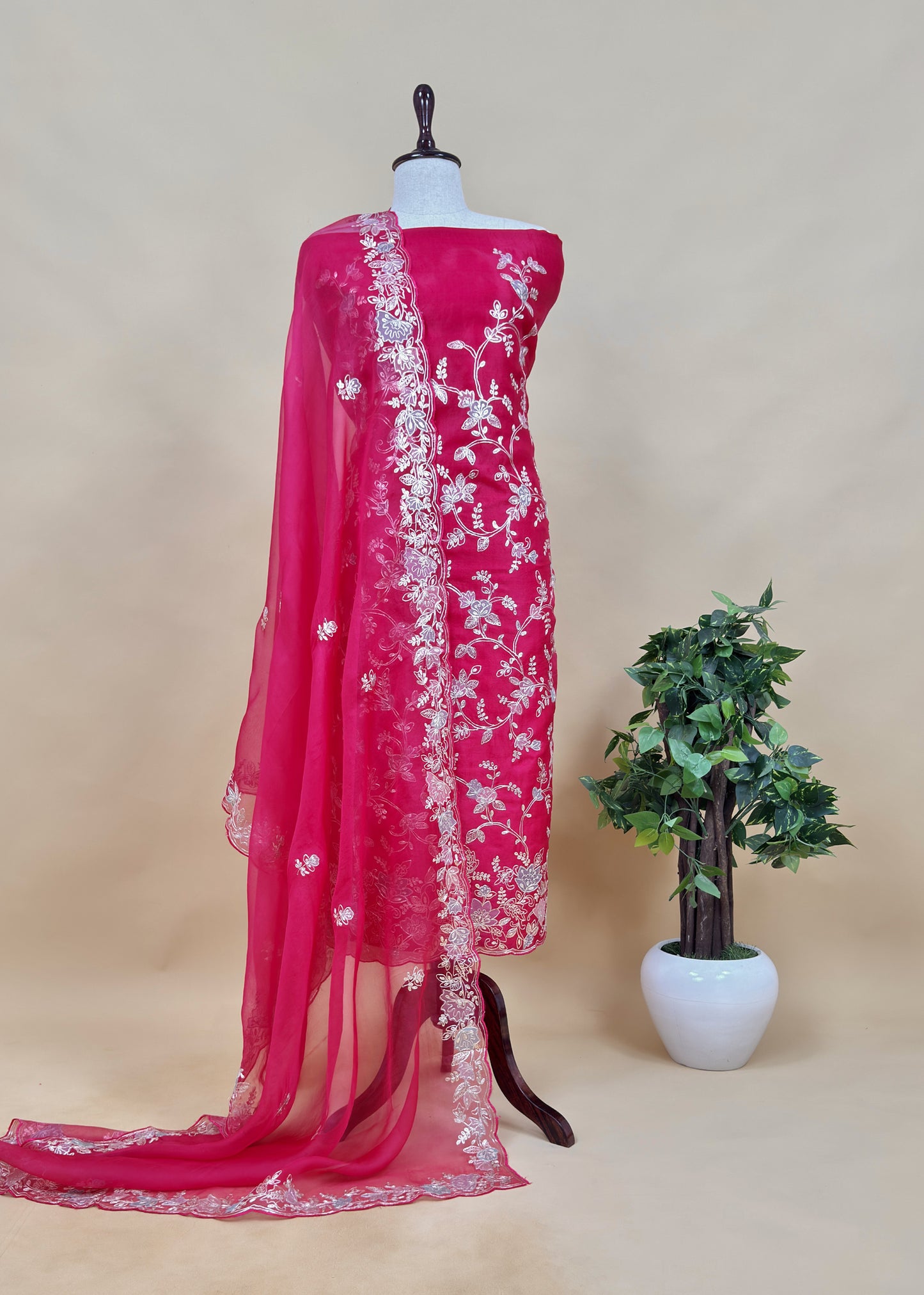 Cherry Red Handloom Organza Suit Set With Floral Appliqué And Pitta Handwork