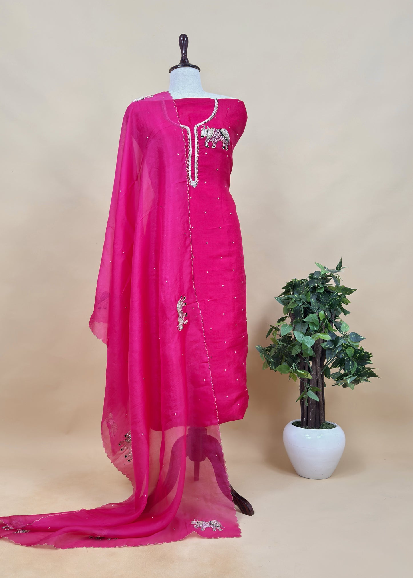 Red Handloom Tissue silk Suit Fabric with Shikagarh Bull Handwork
