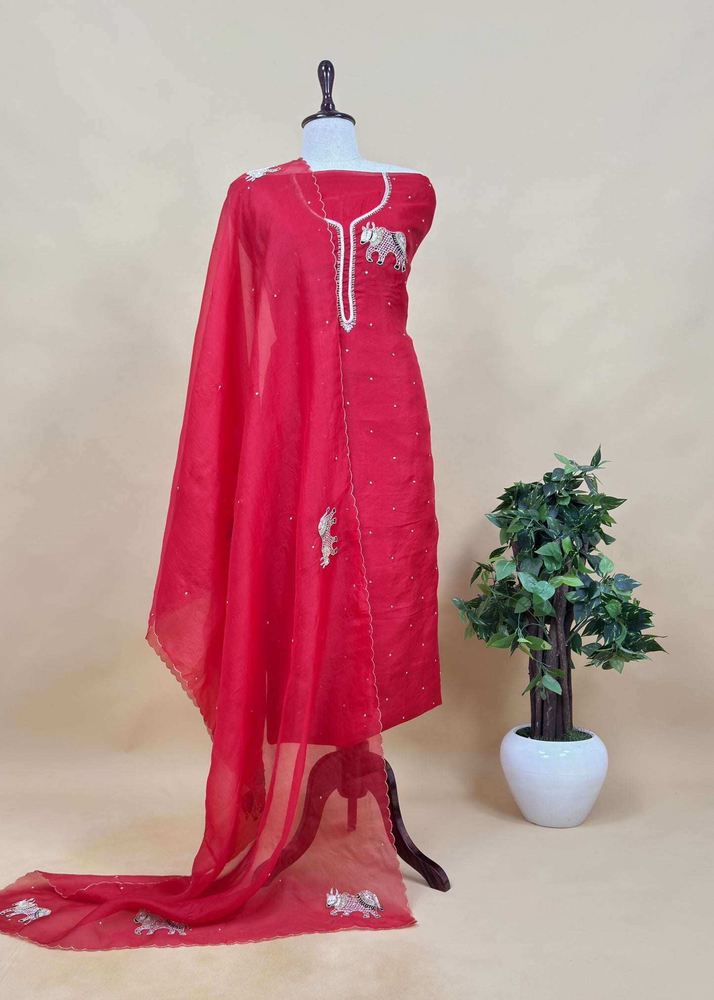 Pink Handloom Tissue silk Suit Fabric with Shikagarh Bull Handwork